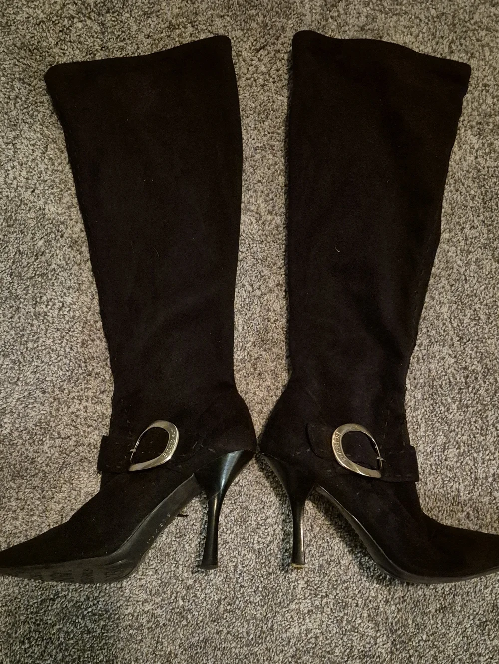 BCBGirls Black To-the-Knee Stiletto Boots with Decorative Buckle